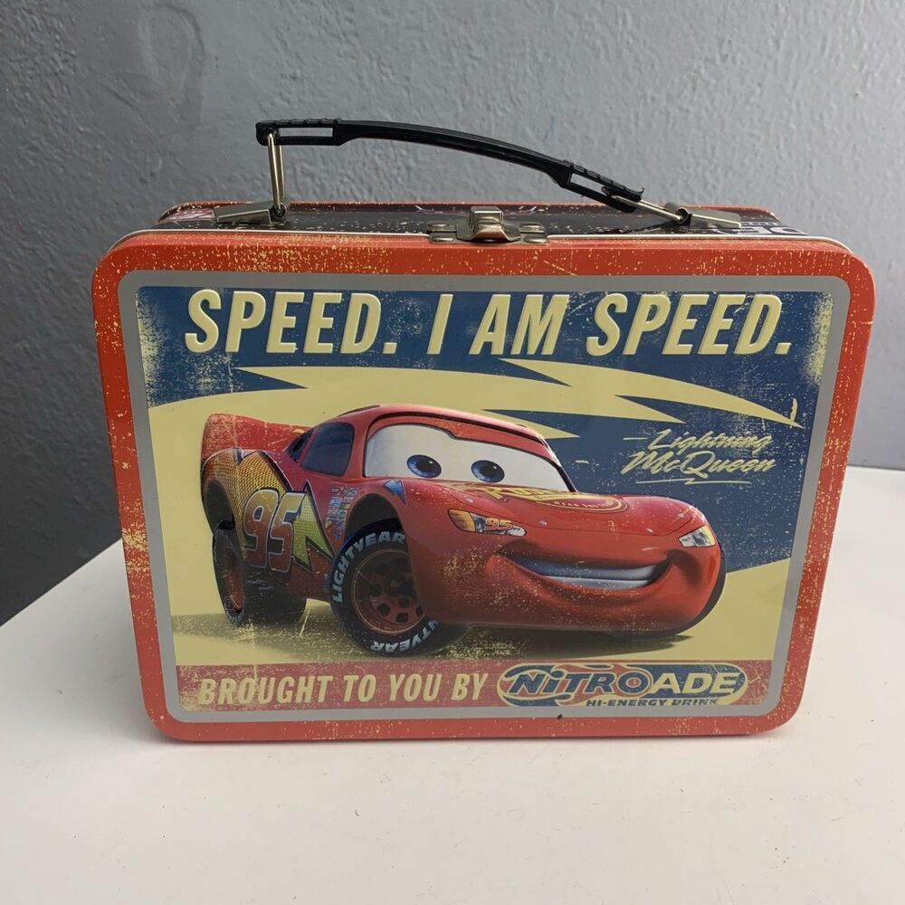 Disney Pixar CARS Metal Tin Lunchbox Speed I am Speed Lightning McQueen Nitroade